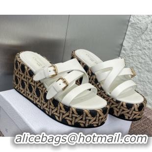 Crafted Dior L'Amazone Wedge Slides Sandal 6cm in Calfskin and Graphic Cannage Straw with Buckle White 0425036