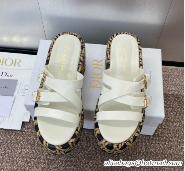 Crafted Dior L'Amazone Wedge Slides Sandal 6cm in Calfskin and Graphic Cannage Straw with Buckle White 0425036