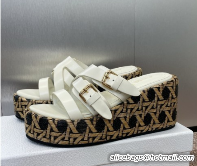 Crafted Dior L'Amazone Wedge Slides Sandal 6cm in Calfskin and Graphic Cannage Straw with Buckle White 0425036