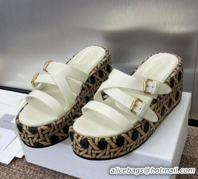 Crafted Dior L'Amazone Wedge Slides Sandal 6cm in Calfskin and Graphic Cannage Straw with Buckle White 0425036