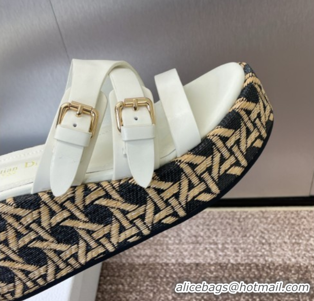 Crafted Dior L'Amazone Wedge Slides Sandal 6cm in Calfskin and Graphic Cannage Straw with Buckle White 0425036
