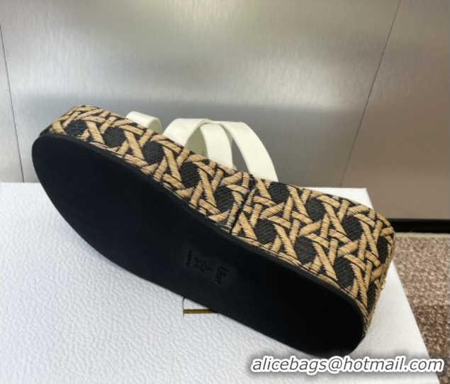 Crafted Dior L'Amazone Wedge Slides Sandal 6cm in Calfskin and Graphic Cannage Straw with Buckle White 0425036