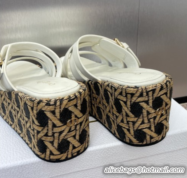 Crafted Dior L'Amazone Wedge Slides Sandal 6cm in Calfskin and Graphic Cannage Straw with Buckle White 0425036