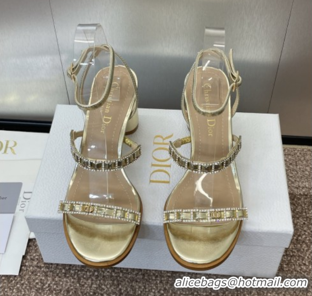 Fashion Luxury Dior Diorissime Heeled Sandals 8cm in Gold-Tone Lambskin and Silver-Tone Strass 0425037