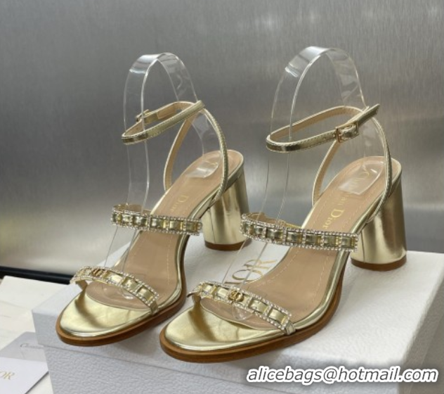 Fashion Luxury Dior Diorissime Heeled Sandals 8cm in Gold-Tone Lambskin and Silver-Tone Strass 0425037