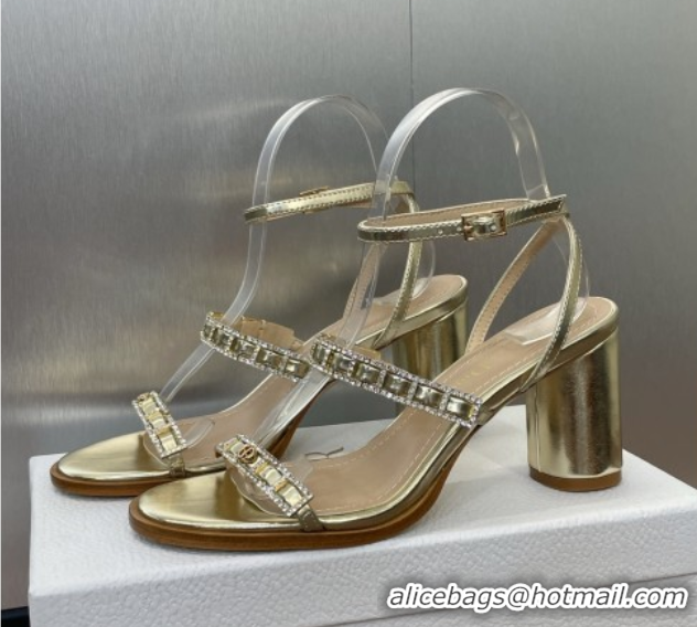 Fashion Luxury Dior Diorissime Heeled Sandals 8cm in Gold-Tone Lambskin and Silver-Tone Strass 0425037