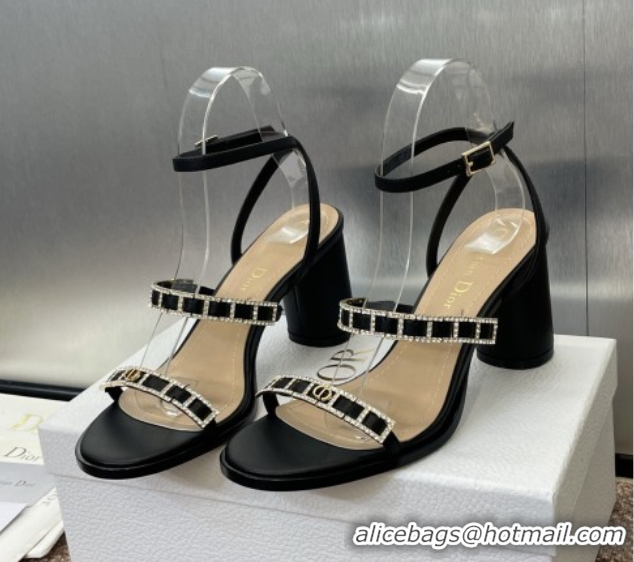 Fashion Dior Diorissime Heeled Sandals 8cm in Lambskin and Silver-Tone Strass Black 0425038
