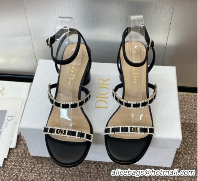 Fashion Dior Diorissime Heeled Sandals 8cm in Lambskin and Silver-Tone Strass Black 0425038