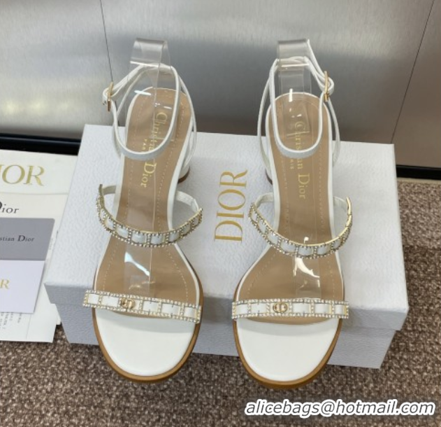 Best Price Dior Diorissime Heeled Sandals 8cm in Lambskin and Silver-Tone Strass White 0425039