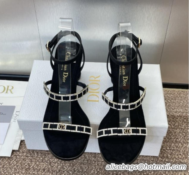 Best Grade Dior Diorissime Heeled Sandals 8cm in Suede and Silver-Tone Strass Black 0425040