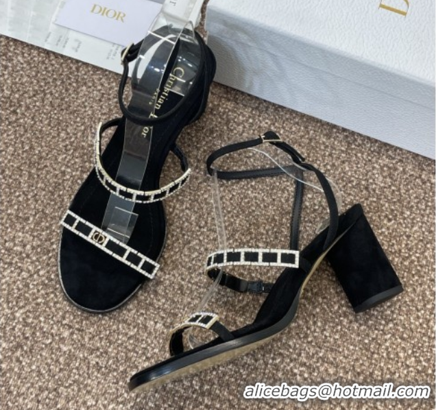 Best Grade Dior Diorissime Heeled Sandals 8cm in Suede and Silver-Tone Strass Black 0425040