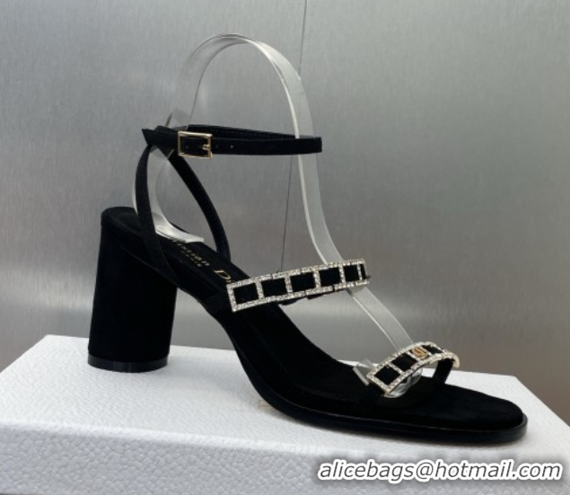 Best Grade Dior Diorissime Heeled Sandals 8cm in Suede and Silver-Tone Strass Black 0425040