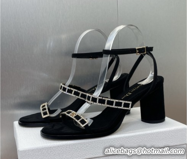 Best Grade Dior Diorissime Heeled Sandals 8cm in Suede and Silver-Tone Strass Black 0425040