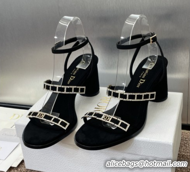 Best Grade Dior Diorissime Heeled Sandals 8cm in Suede and Silver-Tone Strass Black 0425040