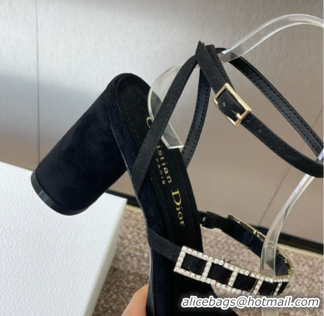 Best Grade Dior Diorissime Heeled Sandals 8cm in Suede and Silver-Tone Strass Black 0425040