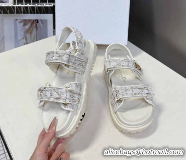 Popular Style Dior Dioract Sandals in Cannage Tweed White/Gold-Tone 0425042