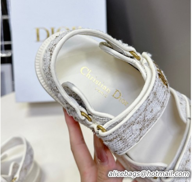 Popular Style Dior Dioract Sandals in Cannage Tweed White/Gold-Tone 0425042