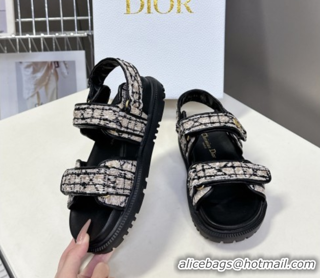 Luxury Dior Dioract Sandals in Cannage Tweed Black/Beige 0425043