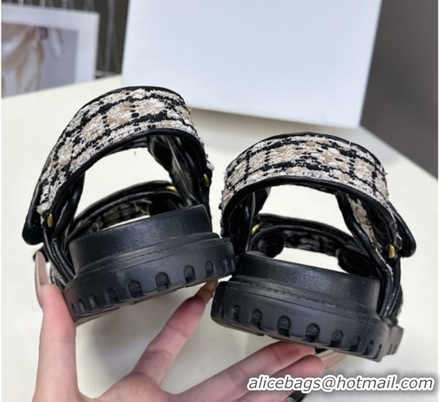 Luxury Dior Dioract Sandals in Cannage Tweed Black/Beige 0425043