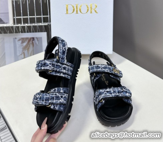 Shop Duplicate Dior Dioract Sandals in Cannage Tweed Blue/Black 0425044