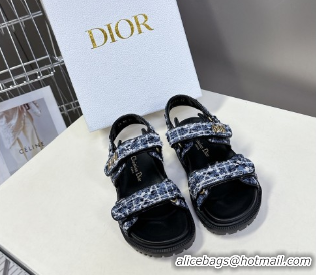 Shop Duplicate Dior Dioract Sandals in Cannage Tweed Blue/Black 0425044