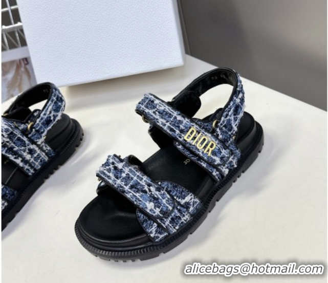 Shop Duplicate Dior Dioract Sandals in Cannage Tweed Blue/Black 0425044