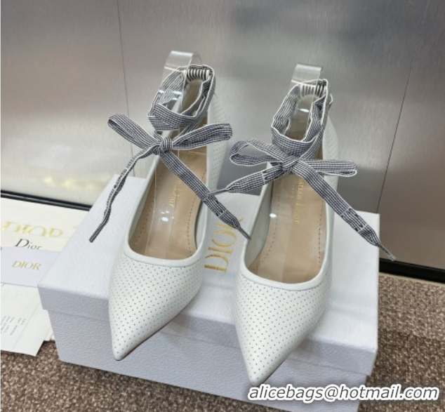 Hot Style Dior D-Journey Lace-Up Pumps 7cm in Perforated Supple Lambskin with Lace White 0425049