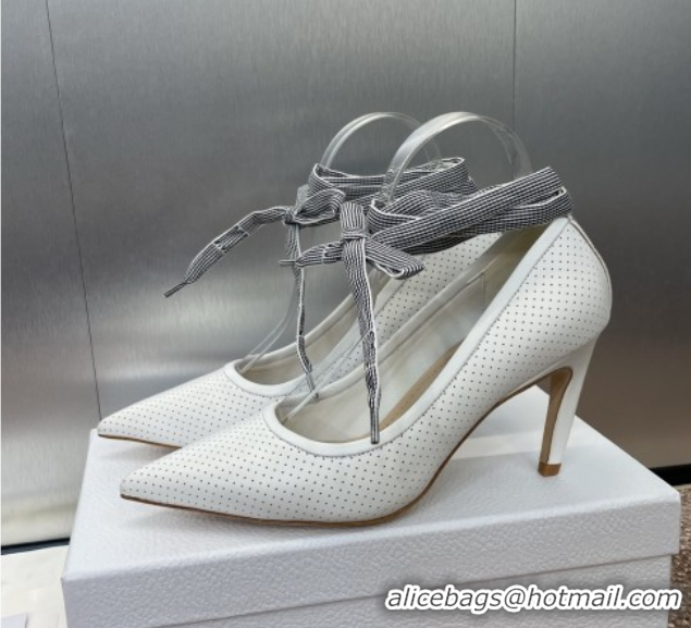 Hot Style Dior D-Journey Lace-Up Pumps 7cm in Perforated Supple Lambskin with Lace White 0425049