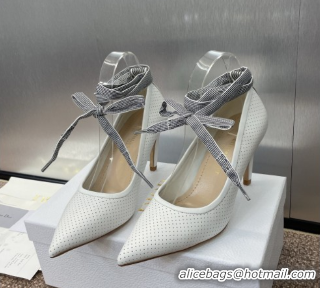 Hot Style Dior D-Journey Lace-Up Pumps 7cm in Perforated Supple Lambskin with Lace White 0425049
