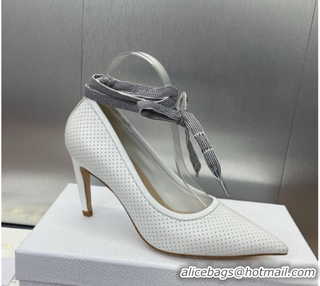 Hot Style Dior D-Journey Lace-Up Pumps 7cm in Perforated Supple Lambskin with Lace White 0425049