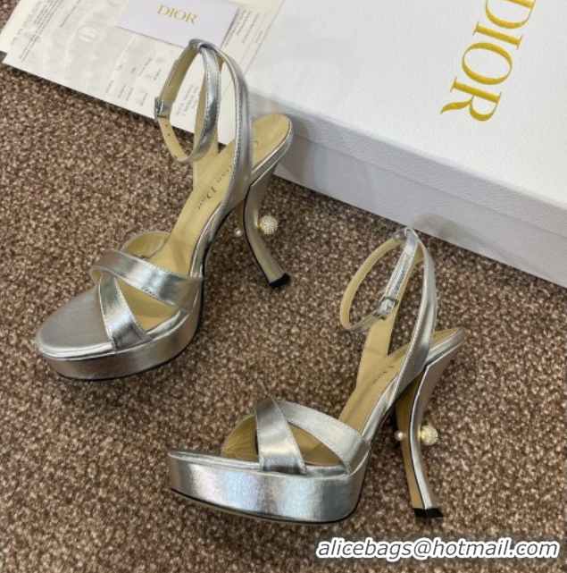 Buy Cheapest Dior Tribales Heeled Platform Sandals 12cm in Silver-Tone Laminated Lambskin 0425053