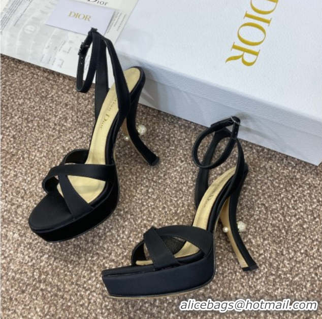 Cheap Price Dior Tribales Heeled Platform Sandals 12cm in Satin Black 0425055