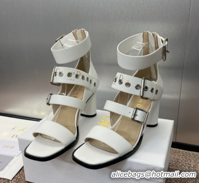 Top Grade Dior Punk Heeled Sandals 7cm in Supple Calfskin with Buckle White 0425057