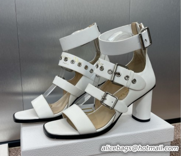 Top Grade Dior Punk Heeled Sandals 7cm in Supple Calfskin with Buckle White 0425057