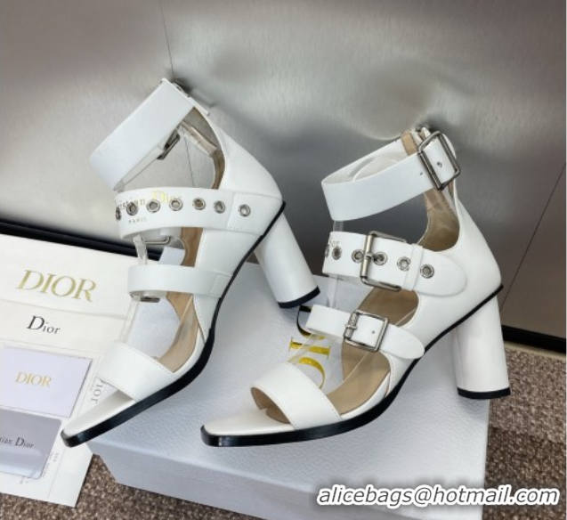 Top Grade Dior Punk Heeled Sandals 7cm in Supple Calfskin with Buckle White 0425057