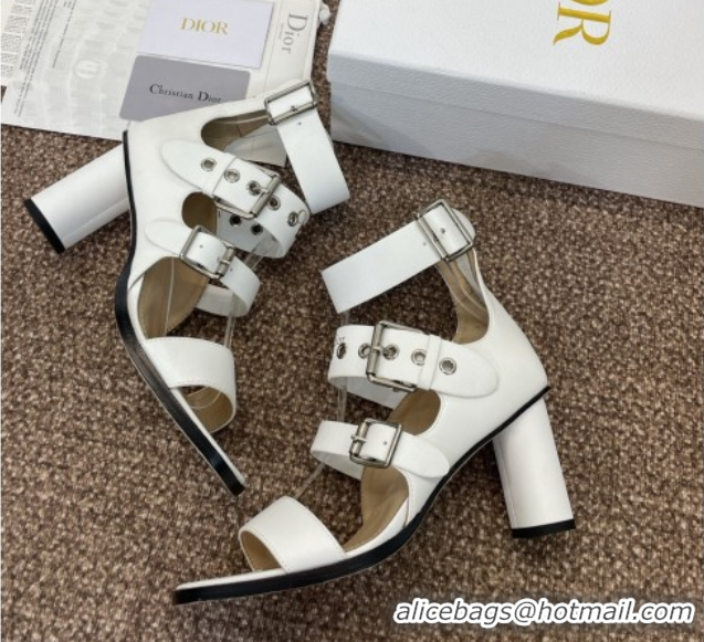 Top Grade Dior Punk Heeled Sandals 7cm in Supple Calfskin with Buckle White 0425057