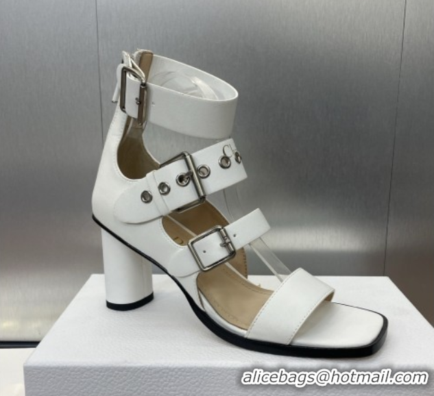 Top Grade Dior Punk Heeled Sandals 7cm in Supple Calfskin with Buckle White 0425057