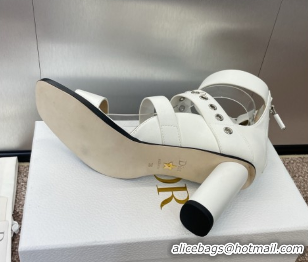 Top Grade Dior Punk Heeled Sandals 7cm in Supple Calfskin with Buckle White 0425057