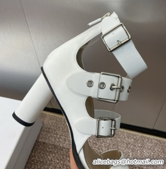 Top Grade Dior Punk Heeled Sandals 7cm in Supple Calfskin with Buckle White 0425057