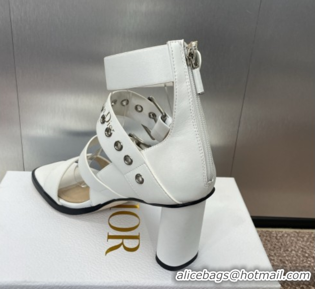 Top Grade Dior Punk Heeled Sandals 7cm in Supple Calfskin with Buckle White 0425057