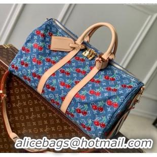Top Grade Louis Vuitton LV x TM Keepall Bandouliere 45 Bag in Monogram Cherry M61608 Denim Blue 2025