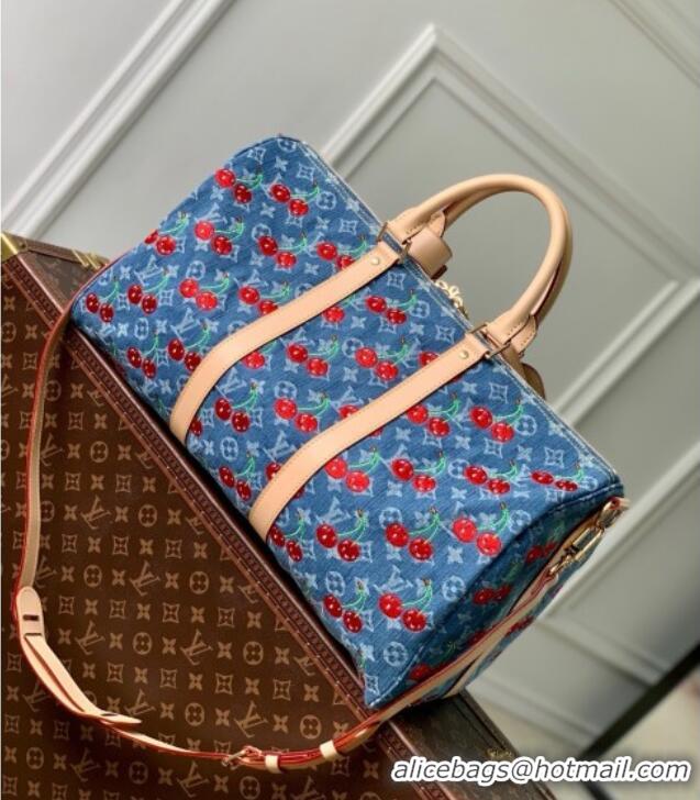 Top Grade Louis Vuitton LV x TM Keepall Bandouliere 45 Bag in Monogram Cherry M61608 Denim Blue 2025