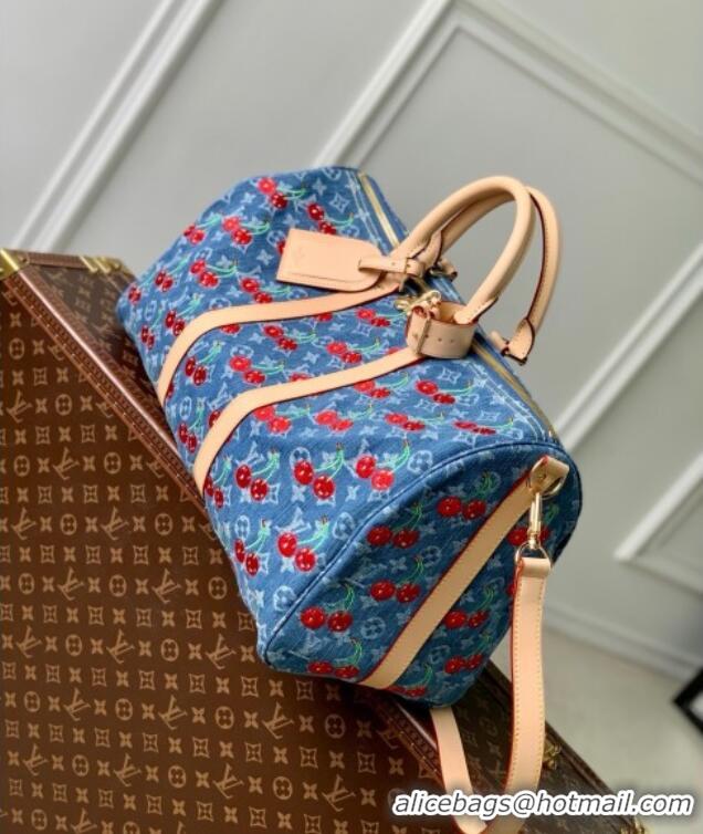Top Grade Louis Vuitton LV x TM Keepall Bandouliere 45 Bag in Monogram Cherry M61608 Denim Blue 2025