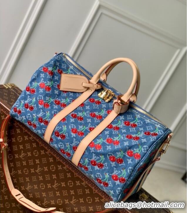 Top Grade Louis Vuitton LV x TM Keepall Bandouliere 45 Bag in Monogram Cherry M61608 Denim Blue 2025