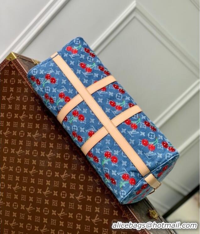 Top Grade Louis Vuitton LV x TM Keepall Bandouliere 45 Bag in Monogram Cherry M61608 Denim Blue 2025