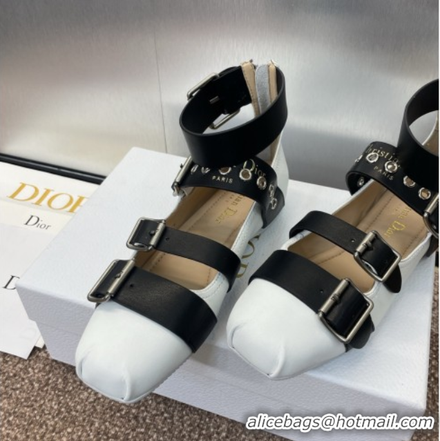 Classic Hot Dior Punk Ballet Flats in Supple Calfskin with Buckle and Amkle Strap White 0425059