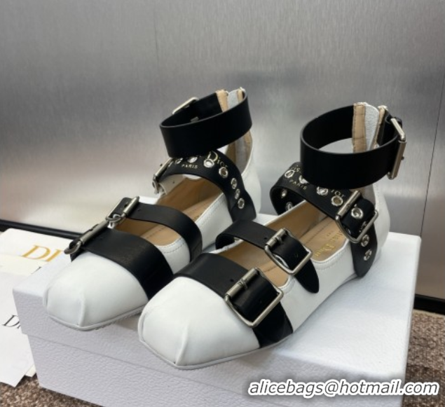 Classic Hot Dior Punk Ballet Flats in Supple Calfskin with Buckle and Amkle Strap White 0425059