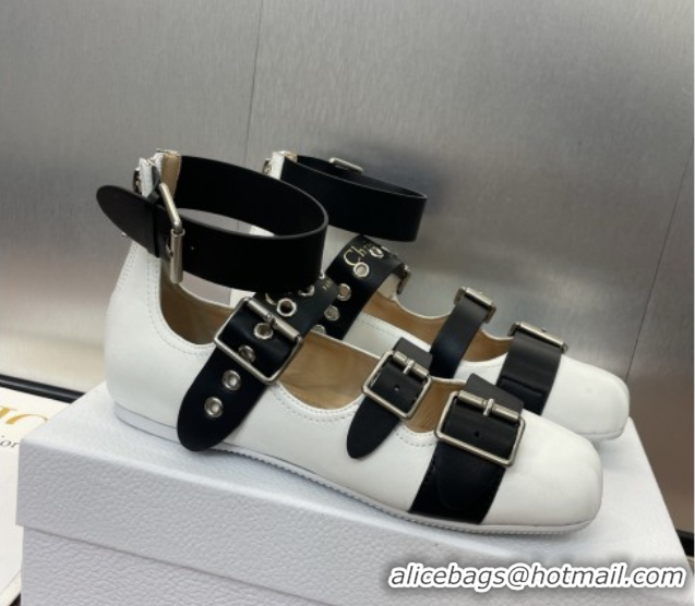 Classic Hot Dior Punk Ballet Flats in Supple Calfskin with Buckle and Amkle Strap White 0425059