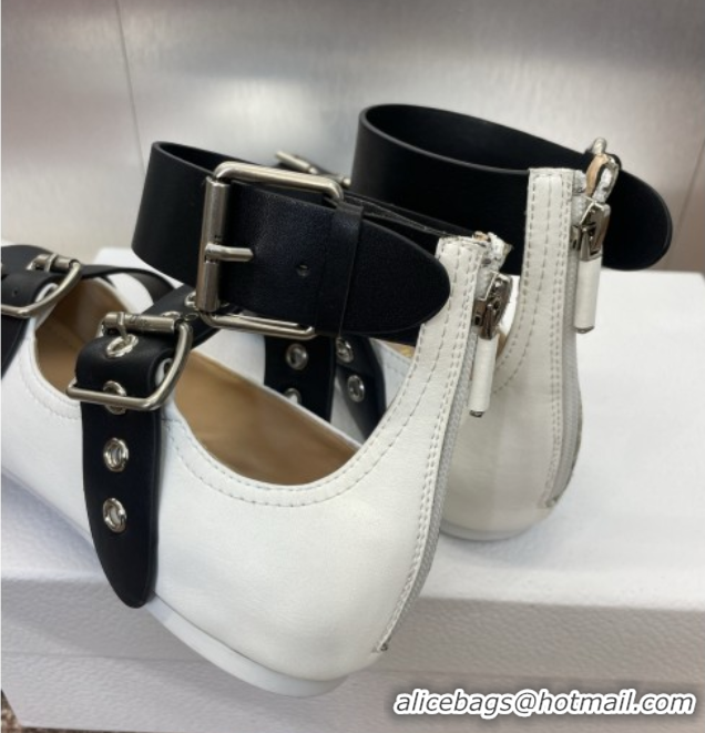 Classic Hot Dior Punk Ballet Flats in Supple Calfskin with Buckle and Amkle Strap White 0425059