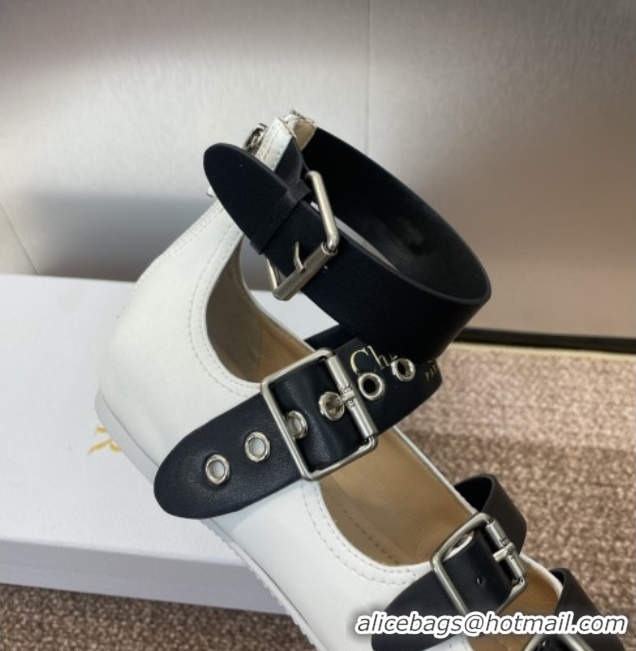 Classic Hot Dior Punk Ballet Flats in Supple Calfskin with Buckle and Amkle Strap White 0425059